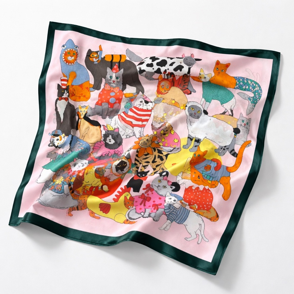 Fab & Whimsical Cat Scarf – Silky Soft, Pale Pink with Forest Green Border - NWT